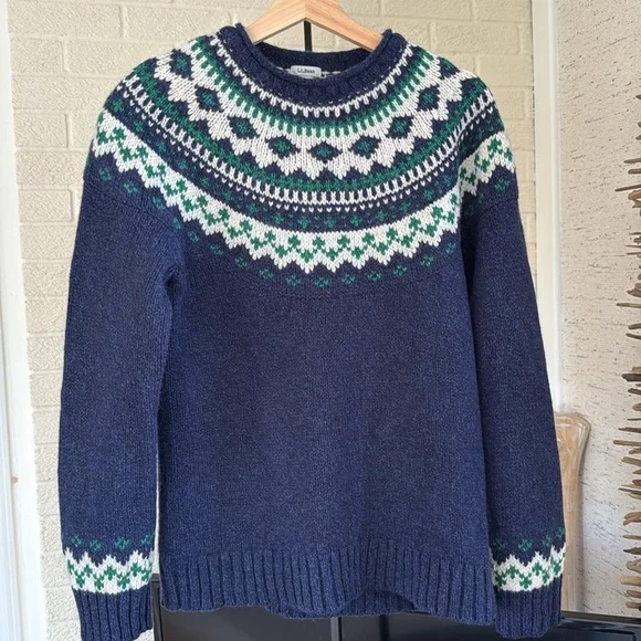 LL Bean Classic Heritage Fair Isle Navy Green 100% Lambs Wool Women’s Sweater M - Picture 5 of 17